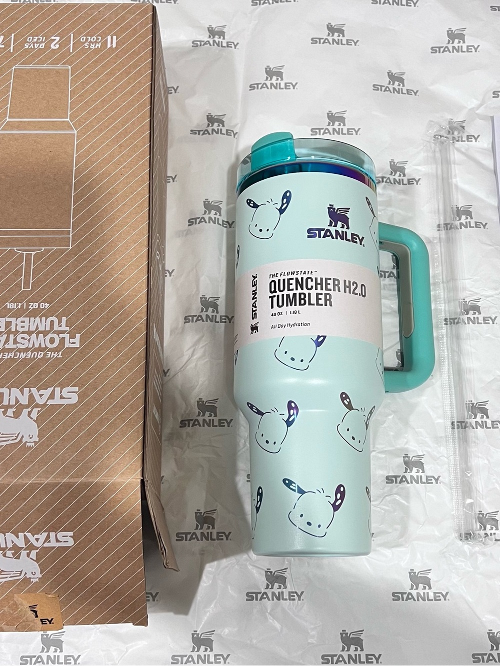 Stanley Mint Green Quencher H2.0 Tumbler with Cartoon Print